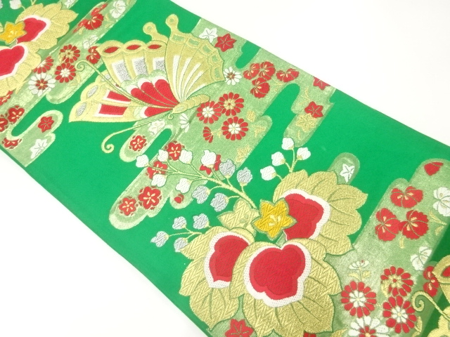 JAPANESE KIMONO / ANTIQUE FUKURO OBI / WOVEN FLOWER & BUTTERFLY